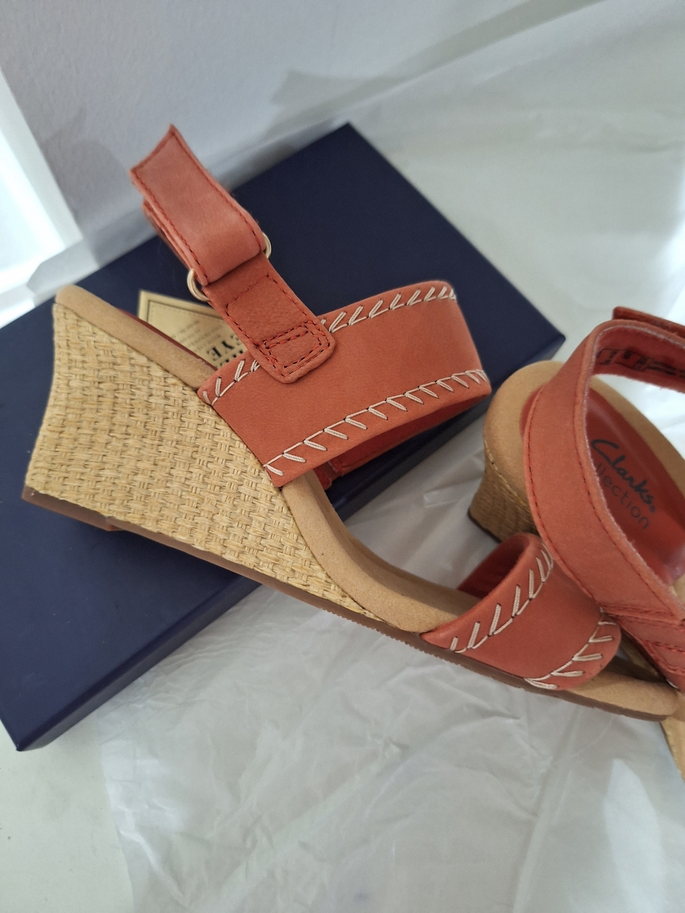 Clarks Orange Leather Wedge Sandals with Contrast Stitching - Picture 3 of 4